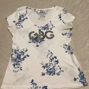 GBG Los Angeles White Tee with Blue Floral Print and Sequin Logo